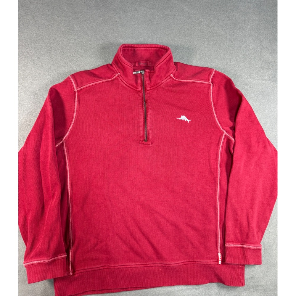Tommy Bahama Relax Mens Large Red 1/4 Zip Pullover Sweatshirt Ribbed Cotton Logo